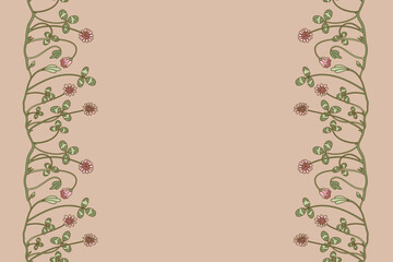 Botanical floral seamless border isolated on beige background. Hand drawn doodle clover plant with Flowers Stems Leaves vector illustration. Graphic design element for Birthday Wedding Greeting Card