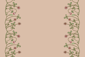 Botanical floral seamless border isolated on beige background. Hand drawn doodle clover plant with Flowers Stems Leaves vector illustration. Graphic design element for Birthday Wedding Greeting Card