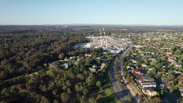 Drone view looking towards the Bulleen Road intersection with Manningham Road during construction of the North East Link project in December 2024, Victoria, Australia.