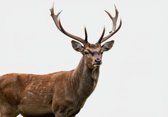 Majestic red deer stag with impressive antlers standing against a plain white background in a wildlife setting