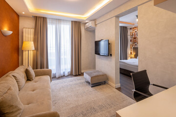 Contemporary hotel interior with a soft and inviting couch