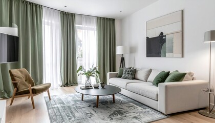 Modern Living Room with Sage Green Curtains and Abstract Art