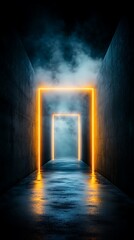 Glowing orange portals in a dark, smoky concrete corridor. Reflective floor. Mysterious mood