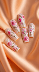 Floral Fantasy Nails: Pink Flower Designs, Rhinestone Accents & Elegant Manicures on Peach Silk - Nail Art Inspiration!