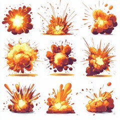 Obraz premium Twelve Pixel Art Explosion Animations Fiery Orange and Yellow Bursts on White