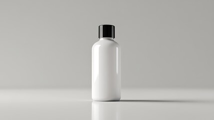 A sleek white bottle with a black lid sits on a reflective surface gracefully
