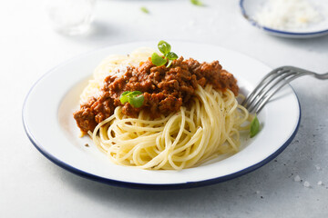 Traditional Spaghetti Bolognese with grated cheese