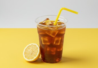 Fototapeta premium Iced tea beverage with lemon and yellow straw in a plastic cup on a yellow and white background