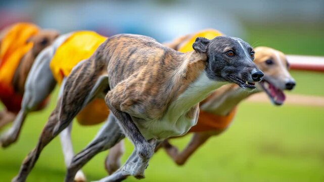 Dynamic greyhounds sprinting at high speed in a race, showcasing the strength, agility, and competitive spirit of the sport as they chase after the lure.