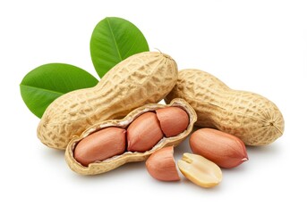 Close-up of peanuts in shell, some opened, with green leaves on a white background