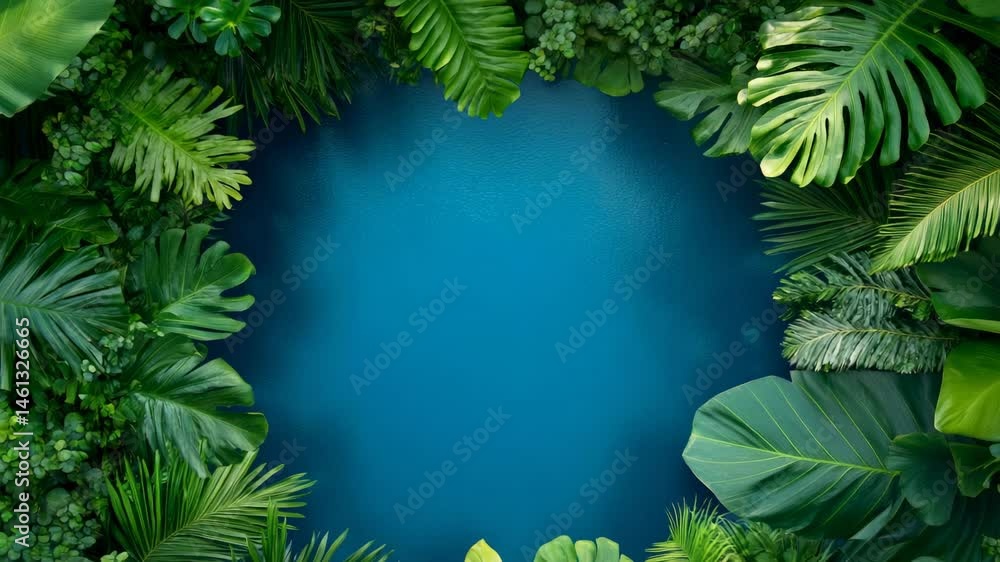 Poster lush tropical leaves creating a natural frame around a vibrant blue backdrop, forming a captivating 