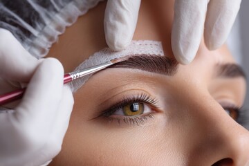 A beautician carefully shapes and defines the eyebrows with a fine brush, close-up view.