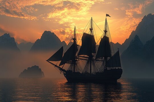 Silhouette of a sailing ship at sunset over a misty mountain range - Powered by Adobe