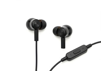Close-up studio shot of black wired in-ear headphones with a control button on a clean white background