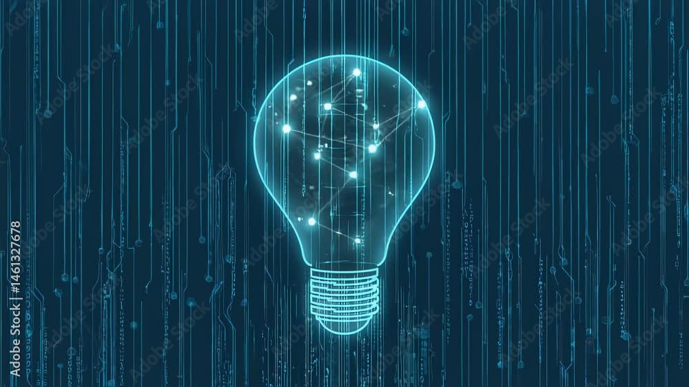 Poster glowing lightbulb on digital circuit background