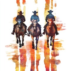 Three cowboys on horseback,  silhouette style,  abstract background