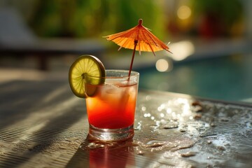 Tropical cocktail with a mini umbrella on a sunlit poolside table