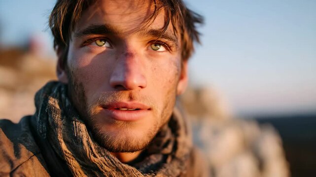 A striking close-up portrait of a young man with expressive eyes, rugged features, and a serene expression, capturing the beauty of inner contemplation against a sunset backdrop.
