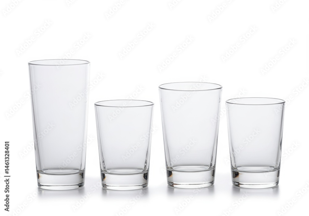 Poster four transparent drinking glasses of varying sizes stand in a row against a white background