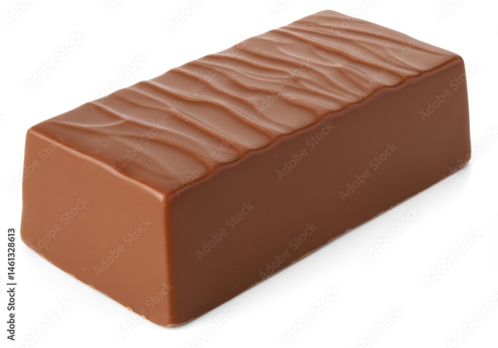 Poster a single rectangular chocolate bar with a wavy pattern on top sits on a white surface in a close-up 