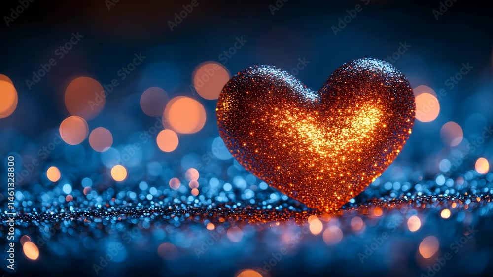 Poster glittering heart shape on blue surface. a sparkling heart shape is prominently displayed on a shimme