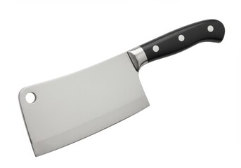 A close-up of a shiny metal meat cleaver with a black handle on a white background