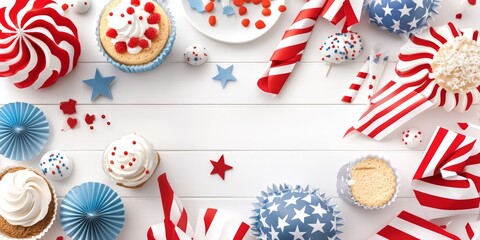 Obraz premium Festive american celebration with red, white, and blue party decor on white wooden background