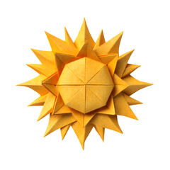 Obraz premium Golden 3D origami sunburst star paper sculpture isolated on white background, geometric folded polygon decoration for holiday design, icon and abstract symbol
