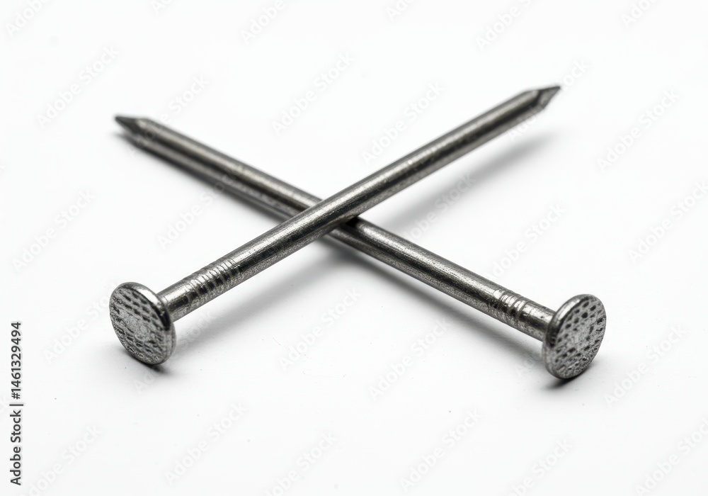 Poster two metal nails crossed on a white surface, showing the heads and sharp points in a close-up view