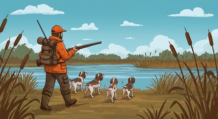 Obraz premium cute cartoon illustration, view from the back a hunter with hunting dogs walks along a lake with reeds in search of prey. hunting season concept. ,isolated on bright background, no text