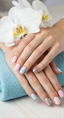 Fototapeta premium Pastel Perfection: Nail Art, Pink & Blue Manicure, Silver Accents & Floral Elegance for Spring!