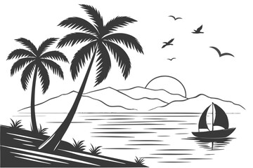 73 Tropical beach silhouette, palm trees, mountains, sunset, boat on water, black and white illustration, minimalist design, serene landscape, birds in flight, tranquil scene, reflections on water, mo