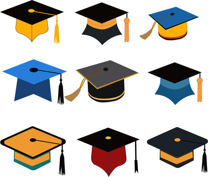 Graduation Black Cap Set Isolated on White Background &ndash; Academic Hats Collection