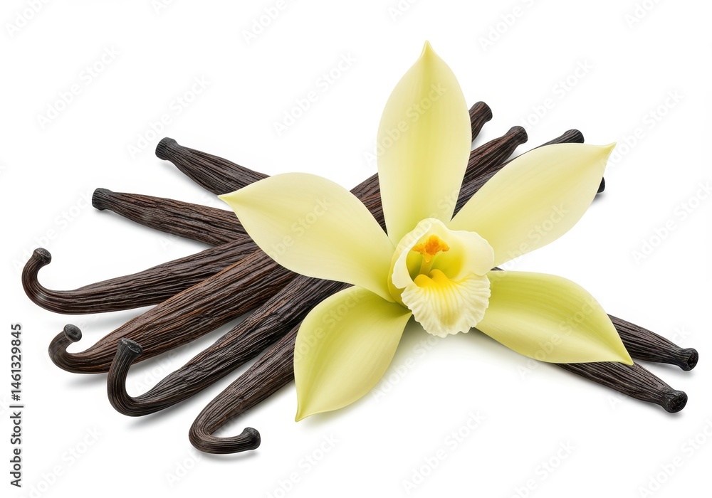 Poster vanilla flower and pods arranged on a white surface, showcasing the spice and its source in a simple