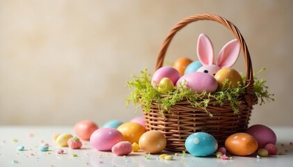 Assortment of Easter candy in a decorative basket , jellybeans, colorful background
