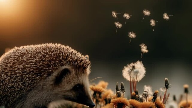 Hedgehog exploring wildflowers at sunset. A hedgehog curiously approaches blooming wildflowers as dandelion seeds float in the golden light of sunset.