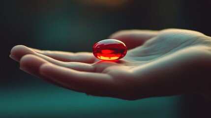 macro shot of a hand presenting a red capsule, soft focus background, high detail, natural lighting