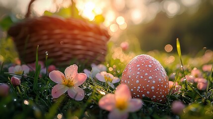 Easter egg in a grass field with flowers and a basket