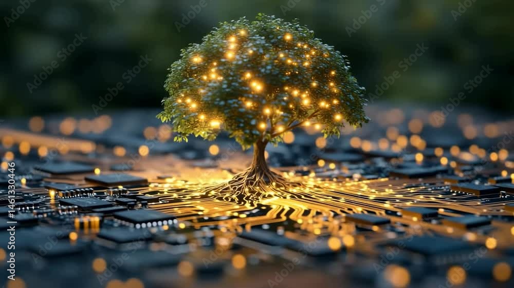 Poster tree in circuit board land. a tree grows from a circuit board, illuminated by glowing lights, blendi