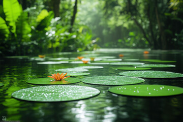 breathtaking view of tropical wetland ecosystem showcasing vibrant flora and diverse fauna.