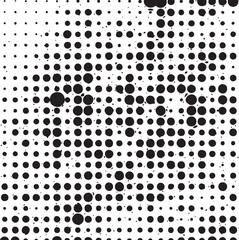 A dense arrangement of black circles on a white background creates an abstract