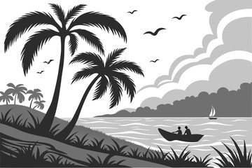 73 Tropical beach silhouette, palm trees, mountains, sunset, boat on water, black and white illustration, minimalist design, serene landscape, birds in flight, tranquil scene, reflections on water, mo