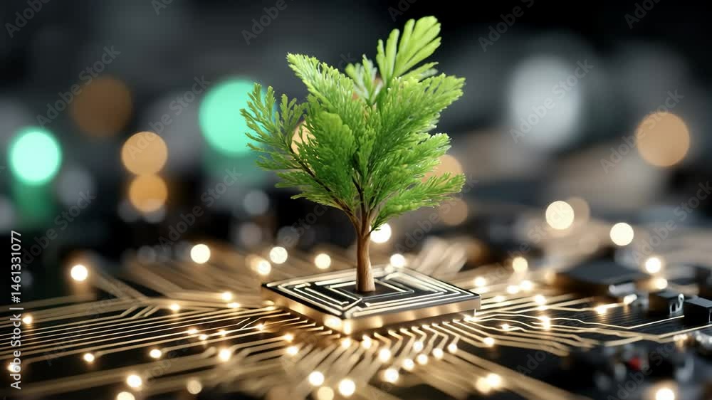 Aufkleber tree on circuit board symbolizes tech. a small green tree grows from a circuit board, symbolizing na
