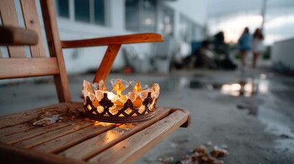 Lit candle in decorative holder on wooden chair at beachside or outdoor setting with two women walking in background