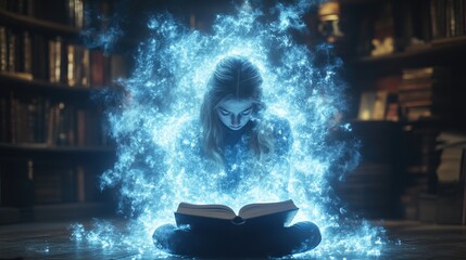 Fototapeta premium Woman sits, reading a spell book. Blue light emits all around her