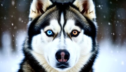 Obraz premium Husky portrait revealing heterochromatic eyes piercing blue contrasting warm brown framed by softly drifting snowflakes in serene winter landscape