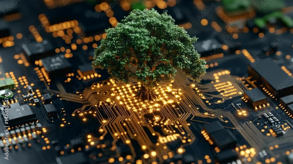 Poster tree on circuit board. a green tree stands prominently on a dark circuit board, highlighting the har