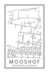 Hand drawn printable downtown road map poster of borough MOOSHOF of the German city of NUREMBERG on solid white background with city name