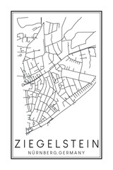 Hand drawn printable downtown road map poster of borough ZIEGELSTEIN of the German city of NUREMBERG on solid white background with city name