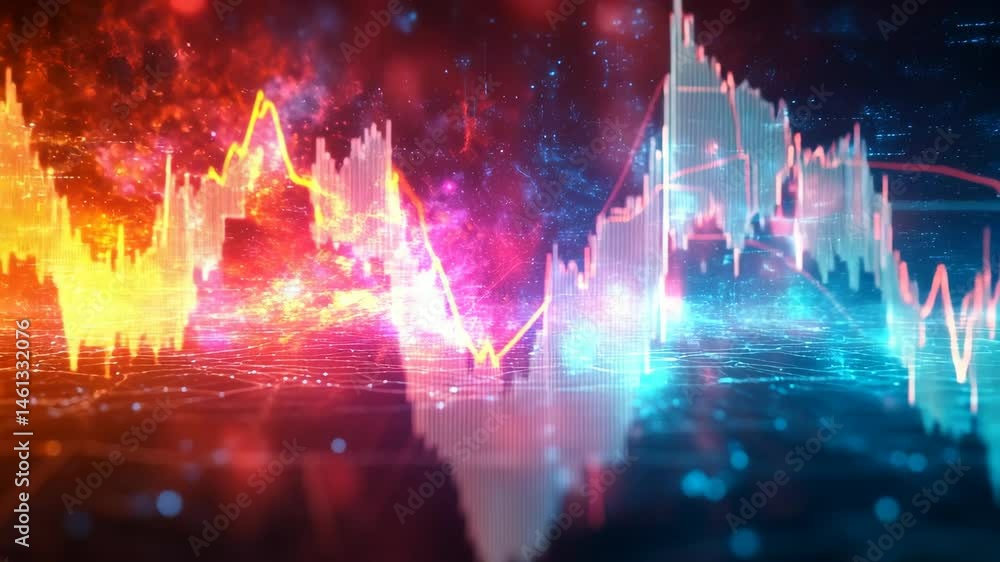 Poster visualizing digital data trends. colorful digital graph displays data trends and fluctuations agains